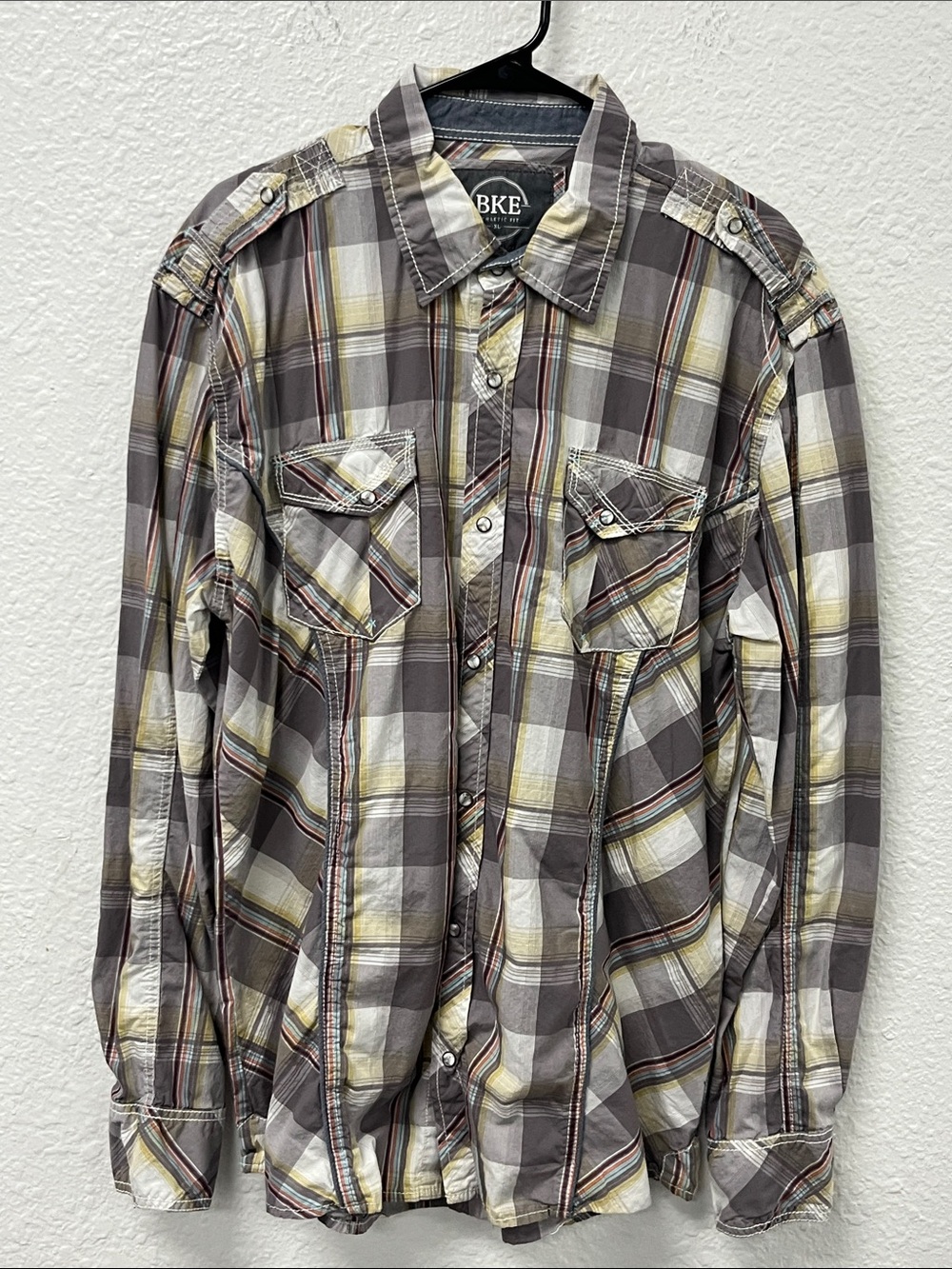BKE Men's Plaid Button-Up Shirt in Gray, Cream & Yellow Accent #1231